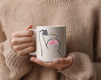 Coffee Brain Ceramic Mug, Funny Caffeine Lover Gift, Minimalist Design