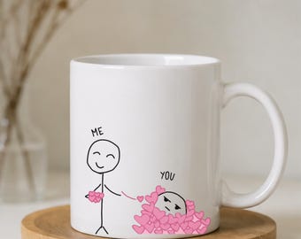 Ceramic Mug, "Me and You" Stick Figure Hearts Design, Romantic Couple Gift
