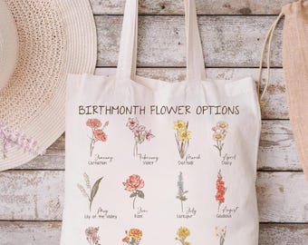 Birthmonth Flower Tote Bag | Botanical Print Canvas, Reusable Shopping Tote