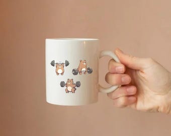 Weightlifting Bear Coffee Mug, Funny Workout Ceramic Cup, Fitness Lover Gift