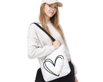 Personalized Mom Tote Bag, Custom Heart Family Names Canvas Bag