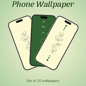 Pacote de papéis de parede para celular com temas da natureza em tons de verde e bege, 10 designs minimalistas, temas claro e escuro, para Android e iPhones.