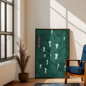 May include: A framed poster featuring a dark green illustration of a tree with numerous white, spirit-like figures. The poster has Japanese text in pink. The scene is set in a room with a blue chair, a rug, and a window.