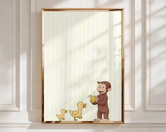 Vintage Curious George Poster | Children’s Book Wall Art Print | Vintage Storybook Aesthetic Decor | Modern Editorial Room Art Poster