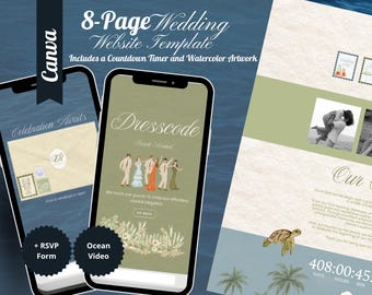 Beach Wedding Website Template, Coastal Invitation, RSVP Form (Digital Download)