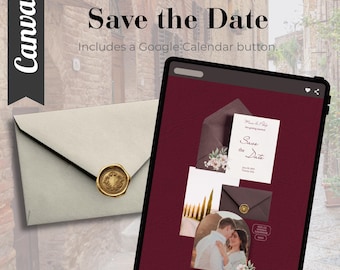 Digital Save the Date Template Canva | RSVP & Google Calendar Button | Tuscan Destination Wedding | 3 Pages
