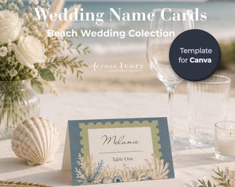 Coastal Beach Wedding Name Card Template, Editable Canva Place Card