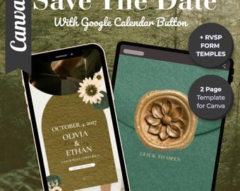 Save the Date Canva Template | Olive Green Sunflower | Countdown, RSVP & Wedding Registry