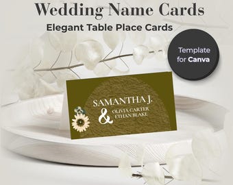 Wedding Place Cards Canva | Olive Green Sunflower | Name Cards & Escort Cards