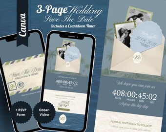 Editable Beach Wedding Save The Date Template, Canva Website, RSVP Form (Digital Download)