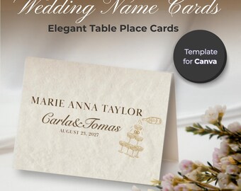 Wedding Place Cards Canva | Dark Elegant Espresso | Gold Name Cards & Escort Cards