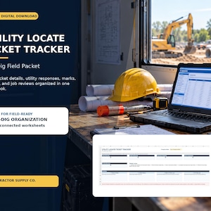 May include: An Excel digital download titled Utility Locate Ticket Tracker Pre-Dig Field Packet. The interface displays seven connected worksheets for organizing ticket details, utility responses, marks, photos, and job reviews for construction.