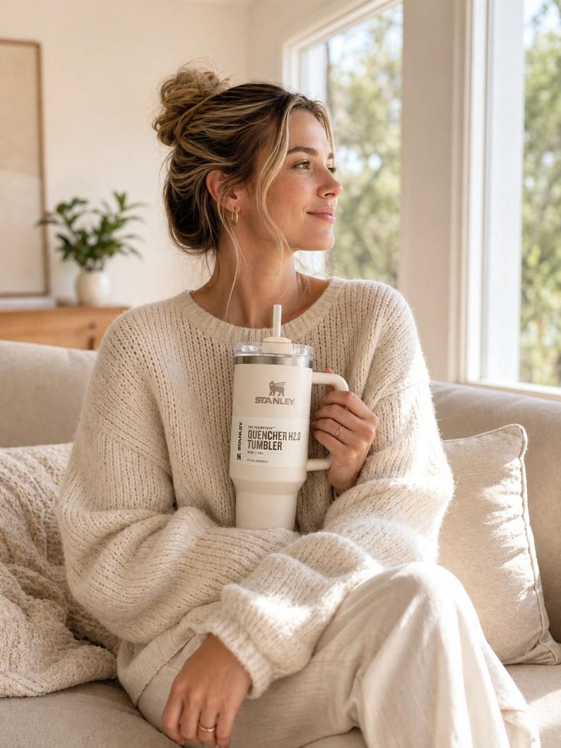 May include: A cream-coloured Stanley Quencher H2.0 Tumbler with a handle and straw. The tumbler has the Stanley logo and product information printed on the side. The person is wearing a cream-coloured jumper and sitting on a sofa.