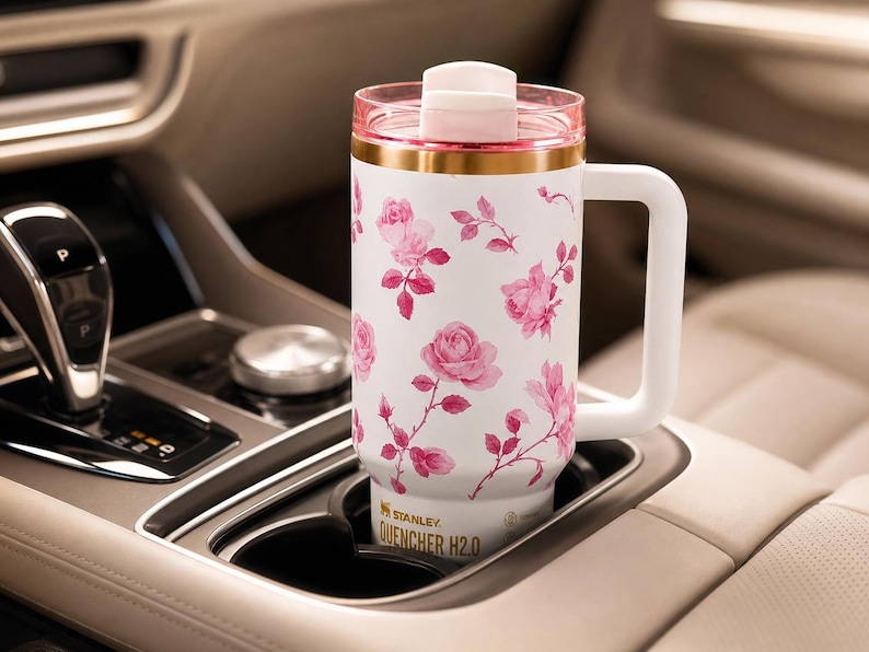 May include: White Stanley Quencher H2.0 travel mug with a pink floral design. The mug has a white handle, a pink lid, and a gold band. The mug is in a car's cup holder.