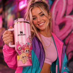 Pu&ograve; includere: Un bicchiere Stanley a righe rosa e bianche con manico, con un design a coniglietto dei cartoni animati. Il bicchiere ha il logo Stanley e un coperchio rosa. Lo sfondo &egrave; sfocato, con tonalit&agrave; rosa e viola.