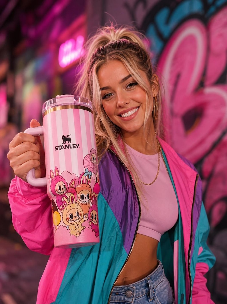 Pu&ograve; includere: Un bicchiere Stanley a righe rosa e bianche con manico, con un design a coniglietto dei cartoni animati. Il bicchiere ha il logo Stanley e un coperchio rosa. Lo sfondo &egrave; sfocato, con tonalit&agrave; rosa e viola.