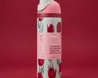 Owala 24oz Insulated Water Bottle, Red Tulip Floral Print, Stainless Steel Tumbler