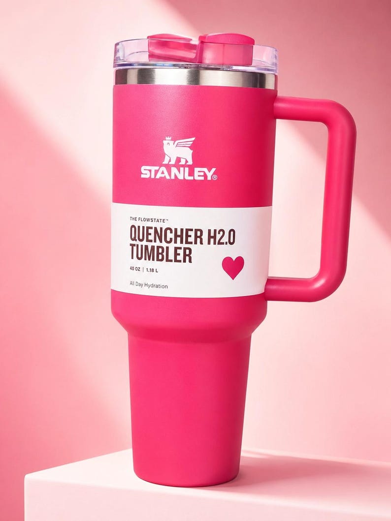Puede incluir: Un vaso Stanley Quencher H2.0 de color rosa brillante con asa. El vaso tiene una tapa transparente y una banda blanca con el texto "QUENCHER H2.0 TUMBLER" y un s&iacute;mbolo de coraz&oacute;n. Contiene 1,18 L y est&aacute; dise&ntilde;ado para la hidrataci&oacute;n durante todo el d&iacute;a.