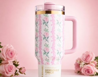 40oz LoveShackFancy x Stanley Style Tumbler, Pink Rose Floral Insulated Travel Mug with Handle