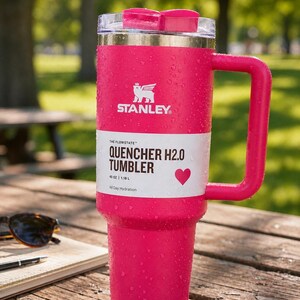 Puede incluir: Un vaso Stanley Quencher H2.0 de color rosa brillante con asa y tapa transparente. El vaso tiene el logotipo de Stanley y la informaci&oacute;n del producto impresa en una banda blanca. El vaso es de 1,18 L y est&aacute; sobre una mesa de madera.
