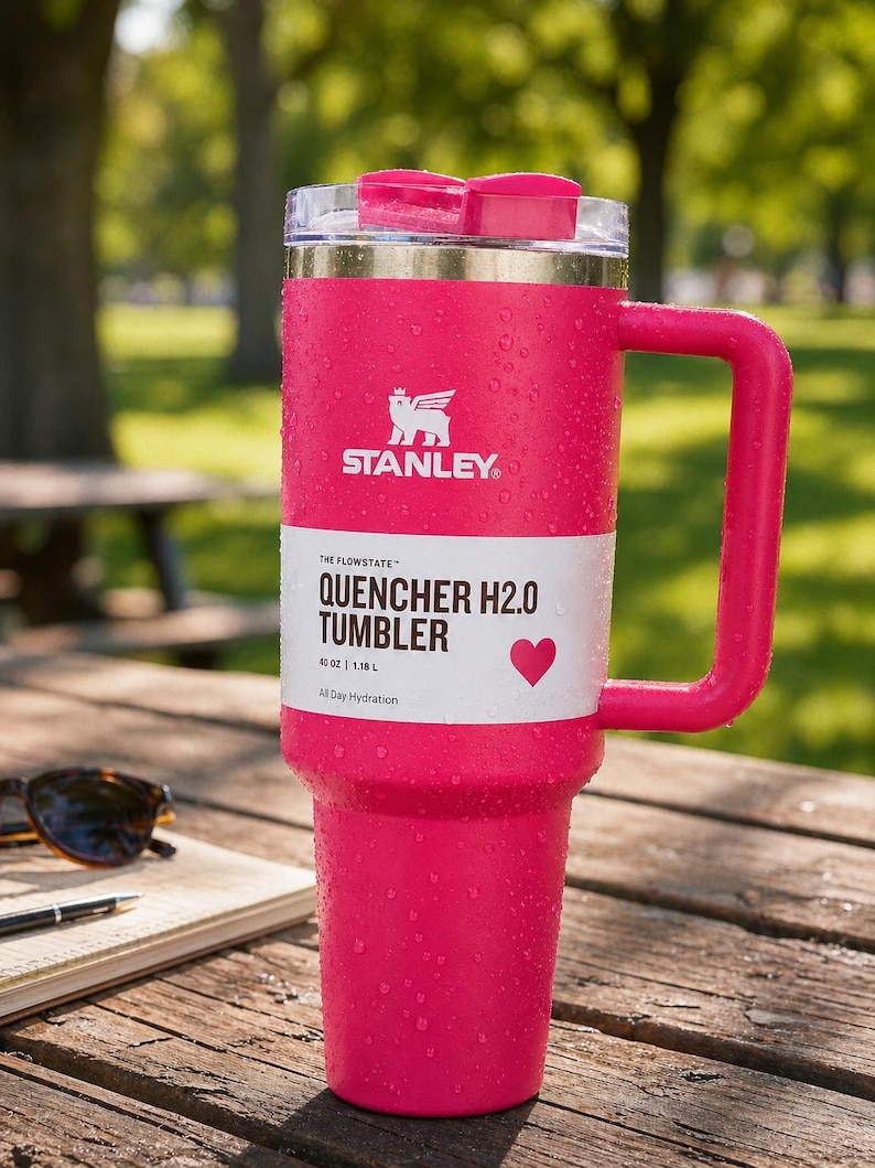 Puede incluir: Un vaso Stanley Quencher H2.0 de color rosa brillante con asa y tapa transparente. El vaso tiene el logotipo de Stanley y la informaci&oacute;n del producto impresa en una banda blanca. El vaso es de 1,18 L y est&aacute; sobre una mesa de madera.