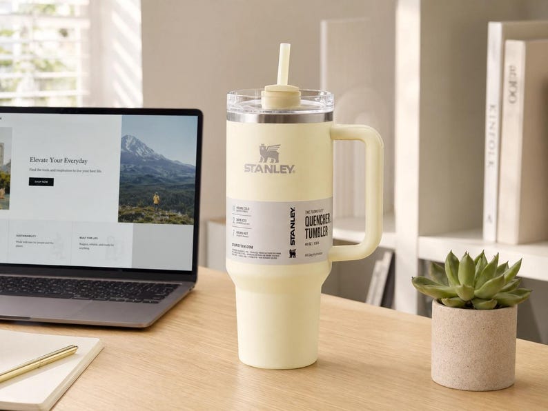 May include: A cream-colored Stanley Quencher tumbler with a handle and straw sits on a wooden desk. The tumbler has the Stanley logo and product information labels. A laptop displaying a website and a small potted succulent are also on the desk.
