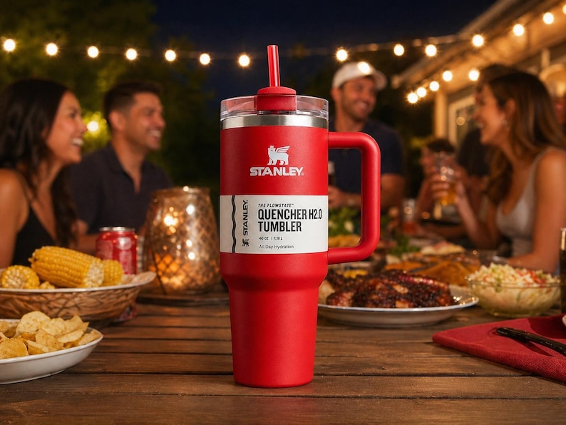 K&ouml;nnte beinhalten: Ein roter Stanley Quencher H2.0 Becher mit Griff und Strohhalm, auf einem Holztisch. Der Becher hat ein wei&szlig;es Etikett mit schwarzem Text. Im Hintergrund essen Leute im Freien.