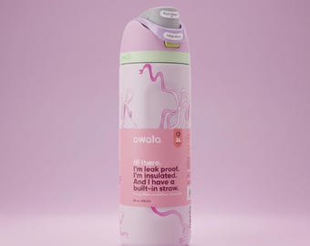 Botella de agua isotérmica Owala de 710 ml, estampado de lazo coqueto, vaso de acero inoxidable, diseño de cinta femenina