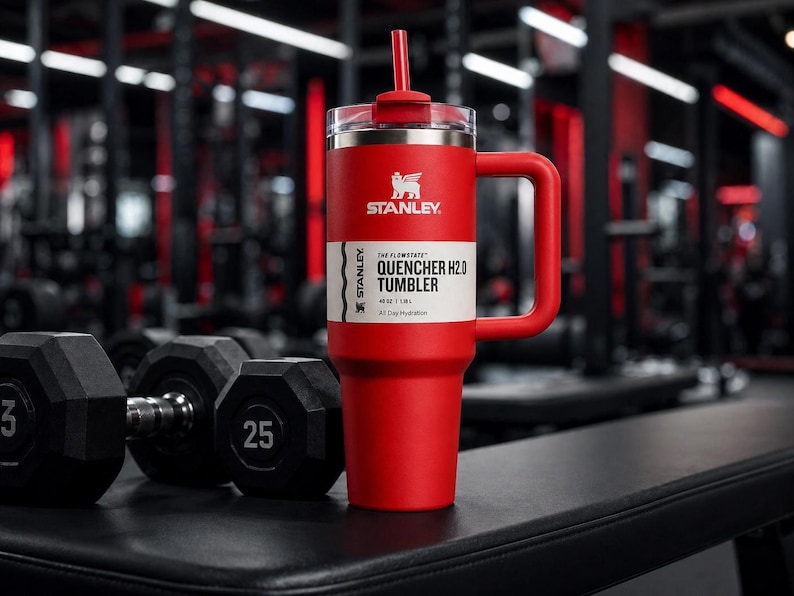 K&ouml;nnte beinhalten: Ein roter Stanley Quencher H2.0 Tumbler mit Griff und Strohhalm steht auf einer schwarzen Oberfl&auml;che neben Hanteln. Der Becher hat ein wei&szlig;es Etikett mit schwarzem Text und dem Stanley-Logo. Der Hintergrund ist ein Fitnessstudio.