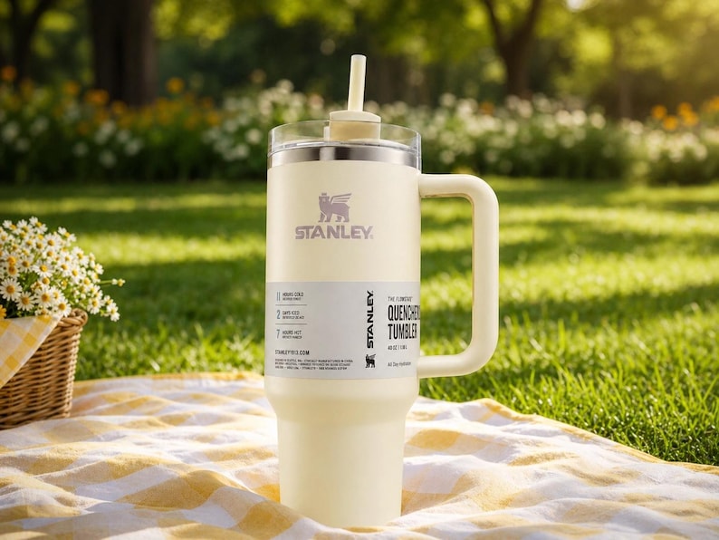 May include: Cream-colored Stanley Quencher Tumbler with a handle and straw, set on a yellow and white striped picnic blanket. The tumbler has the Stanley logo and product information on a white label. The background features a grassy area and trees.