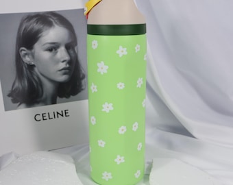 Owala 24oz Insulated Water Bottle, Lime Green Daisy Print, Stainless Steel Tumbler