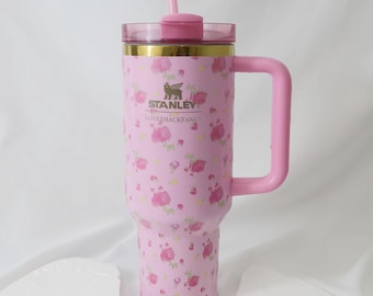 Stanley 40oz LoveShackFancy Pink Floral Stanley Style Tumbler, Insulated Travel Mug with Handle & Straw