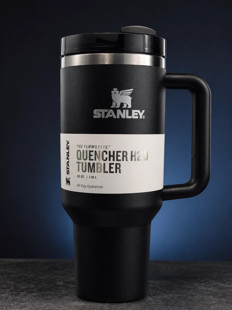 Może przedstawiać: Czarny kubek Stanley Quencher H2.0 z uchwytem. Kubek ma czarną pokrywkę i białą etykietę z napisem "QUENCHER H2.0 TUMBLER" i "1,18 L". Logo Stanley jest widoczne na kubku.