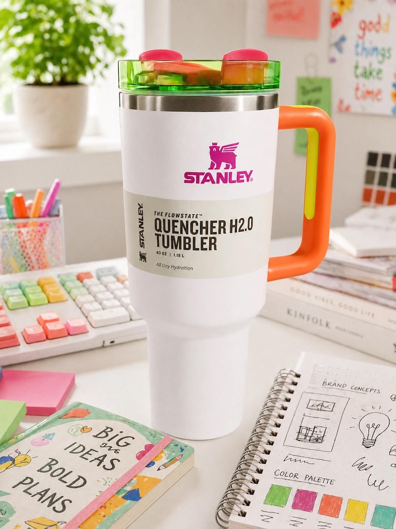 Pu&ograve; includere: Bicchiere Stanley Quencher H2.0 bianco con coperchio verde e rosa e manico arancione. Il bicchiere ha il logo Stanley e le informazioni sul prodotto stampate sopra. Il bicchiere &egrave; da 1,18 L.