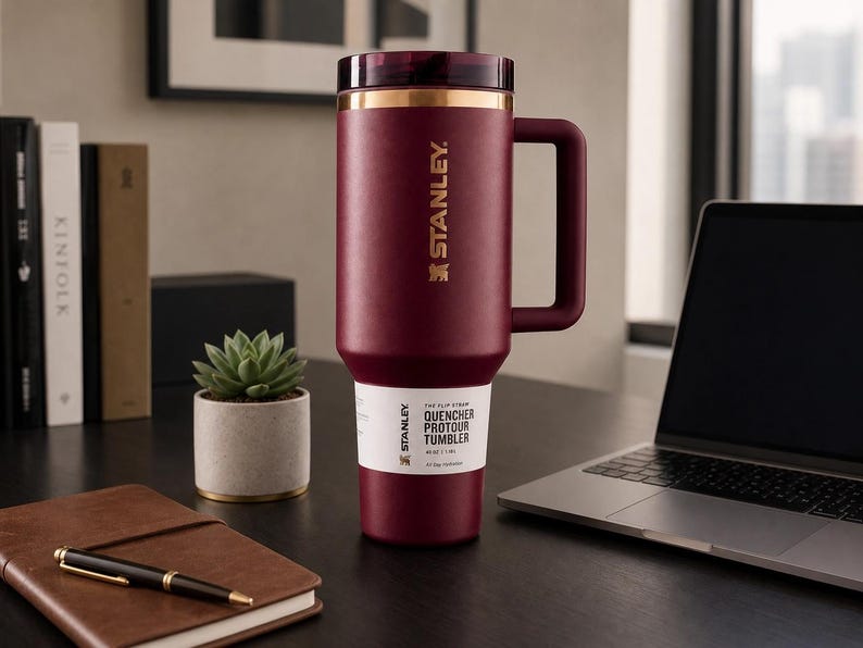 May include: A maroon Stanley Quencher Protour tumbler with a handle, gold accents, and the Stanley logo. The tumbler sits on a desk next to a laptop, a succulent plant, and a leather-bound notebook.