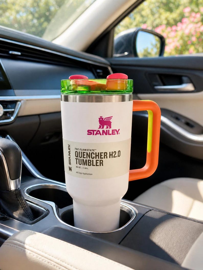 Pu&ograve; includere: Bicchiere Stanley Quencher H2.0 bianco con coperchio verde e rosso, manico arancione e logo Stanley. Il bicchiere &egrave; in un portabicchieri per auto. Il testo sul bicchiere recita "QUENCHER H2.0 TUMBLER" e "All Day Hydration".