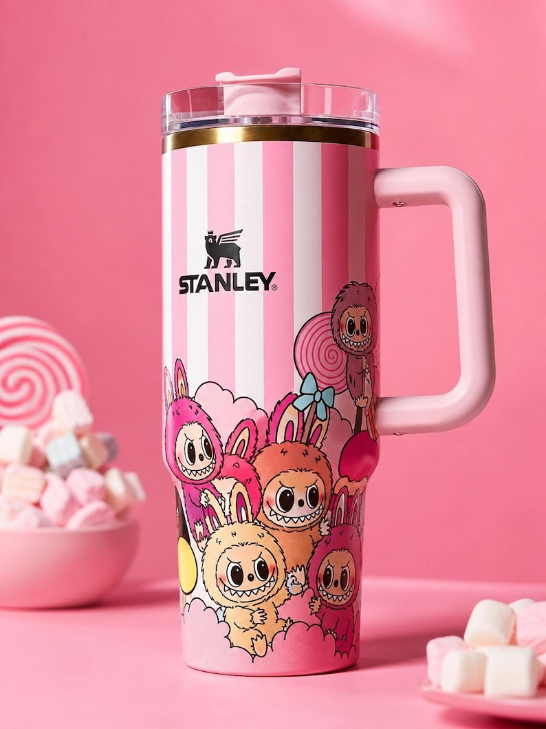 Pu&ograve; includere: Bicchiere Stanley a righe rosa e bianche con manico e coperchio rosa. Il bicchiere presenta un design a cartoni animati di conigli mostruosi e il logo Stanley. Un bicchiere a righe rosa e bianche con coperchio trasparente.