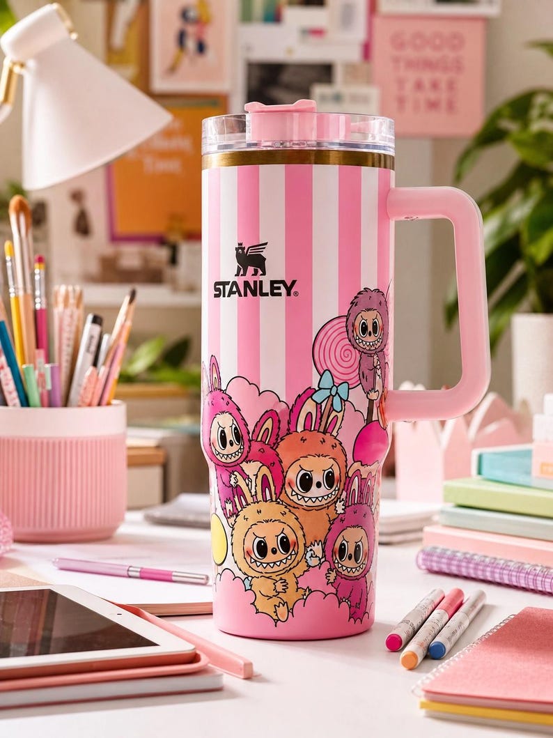 Pu&ograve; includere: Un bicchiere Stanley a righe rosa e bianche con manico, con un design a cartoni animati di personaggi mostruosi. Il bicchiere ha un coperchio e un manico rosa e il logo Stanley &egrave; visibile. Lo sfondo include cancelleria e una scrivania.