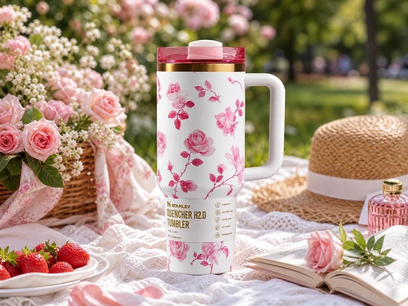 May include: White Stanley Quencher H2.0 tumbler with a pink floral design. The tumbler has a handle, a pink lid, and gold accents. The tumbler is sitting on a white lace blanket with a picnic setting.