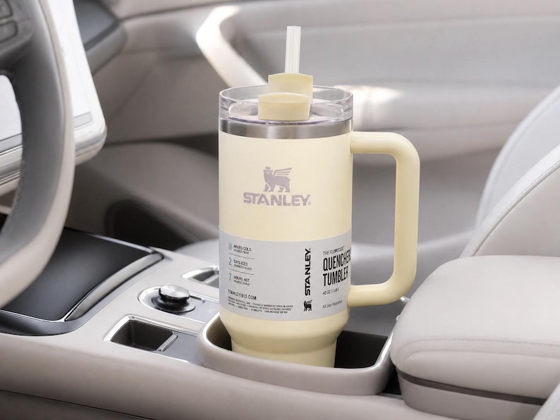 May include: A cream-colored Stanley Quencher tumbler with a handle and straw, resting in a car's cup holder. The tumbler features the Stanley logo and product information. The tumbler is designed to keep drinks cold for 2 days and iced for 4 days.
