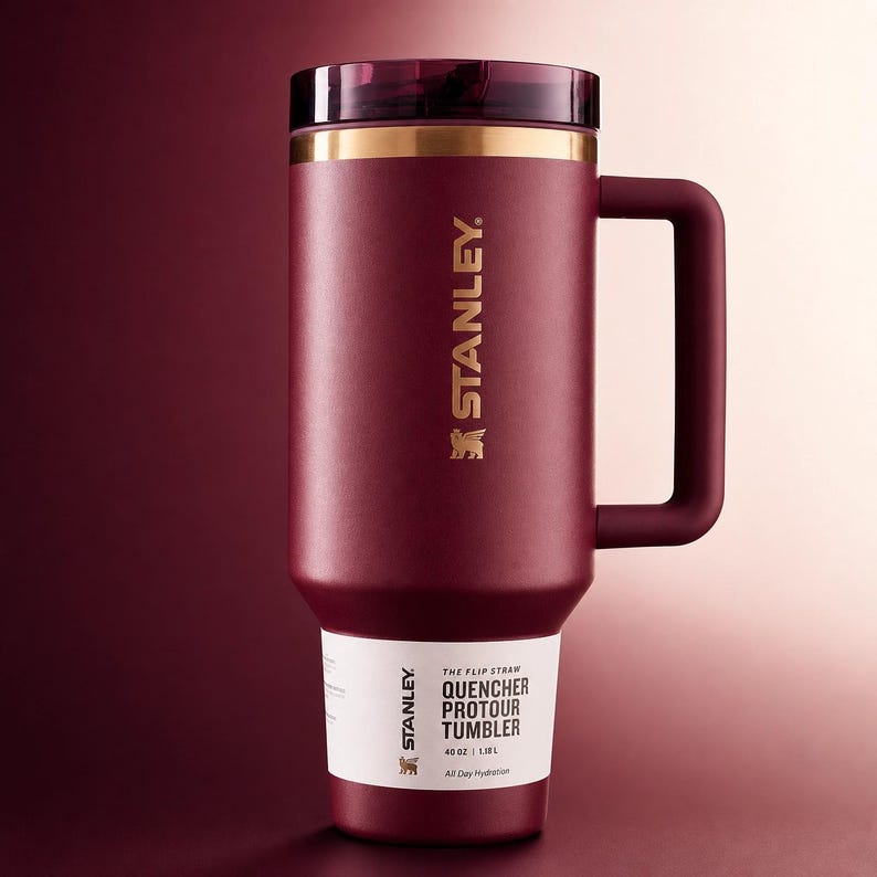 May include: A maroon Stanley Quencher Protour tumbler with a handle. The tumbler has a gold band near the top and a dark lid. The text "STANLEY" is printed in gold on the side. The bottom of the tumbler has a white label with product information.