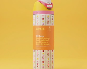 Owala 24oz Insulated Stainless Steel Water Bottle, Dainty Floral Print, Yellow Lid
