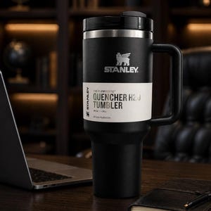 Może przedstawiać: Czarny kubek Stanley Quencher H2.0 z uchwytem. Kubek ma czarną pokrywkę i białą etykietę z napisem "QUENCHER H2.0 TUMBLER" oraz logo Stanley. Zaprojektowany do całodziennego nawadniania, mieści 1,18L.