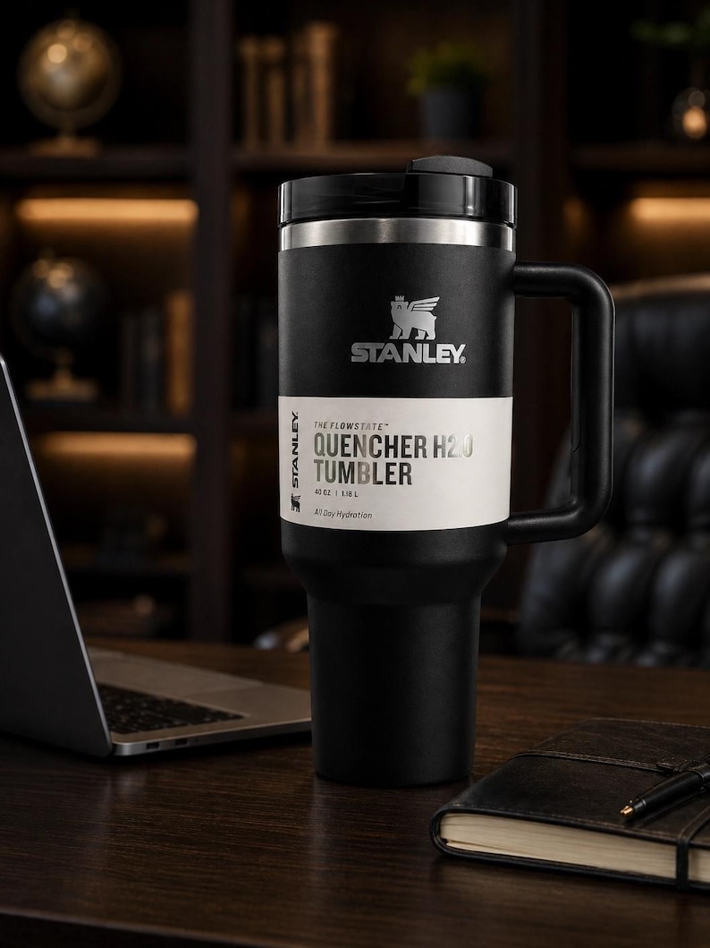 Może przedstawiać: Czarny kubek Stanley Quencher H2.0 z uchwytem. Kubek ma czarną pokrywkę i białą etykietę z napisem "QUENCHER H2.0 TUMBLER" oraz logo Stanley. Zaprojektowany do całodziennego nawadniania, mieści 1,18L.