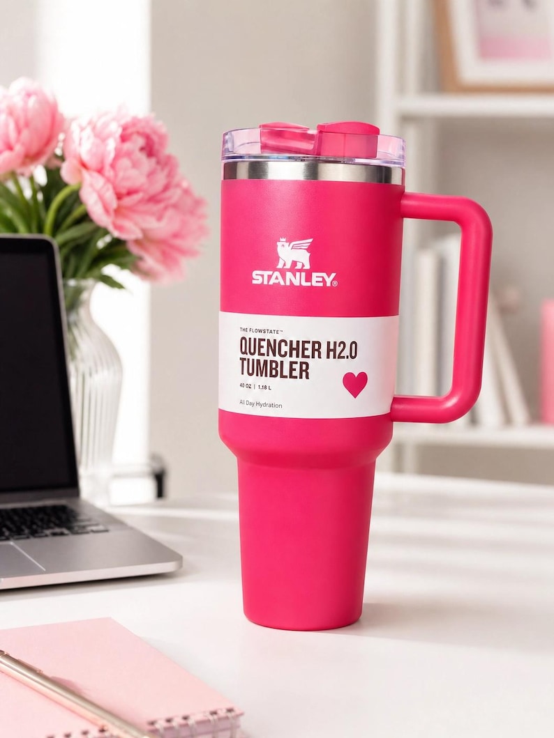 Puede incluir: Un vaso Stanley Quencher H2.0 de color rosa brillante con asa y tapa transparente. El vaso tiene el logotipo de Stanley y el texto "QUENCHER H2.0 TUMBLER" en una etiqueta blanca. Capacidad: 1,18L.