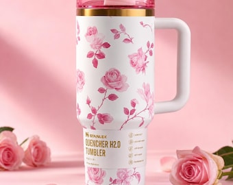Vaso térmico Stanley x LoveShackFancy de 1,2 litros (40 oz), estampado floral de rosas rosas, taza de viaje aislada con asa.