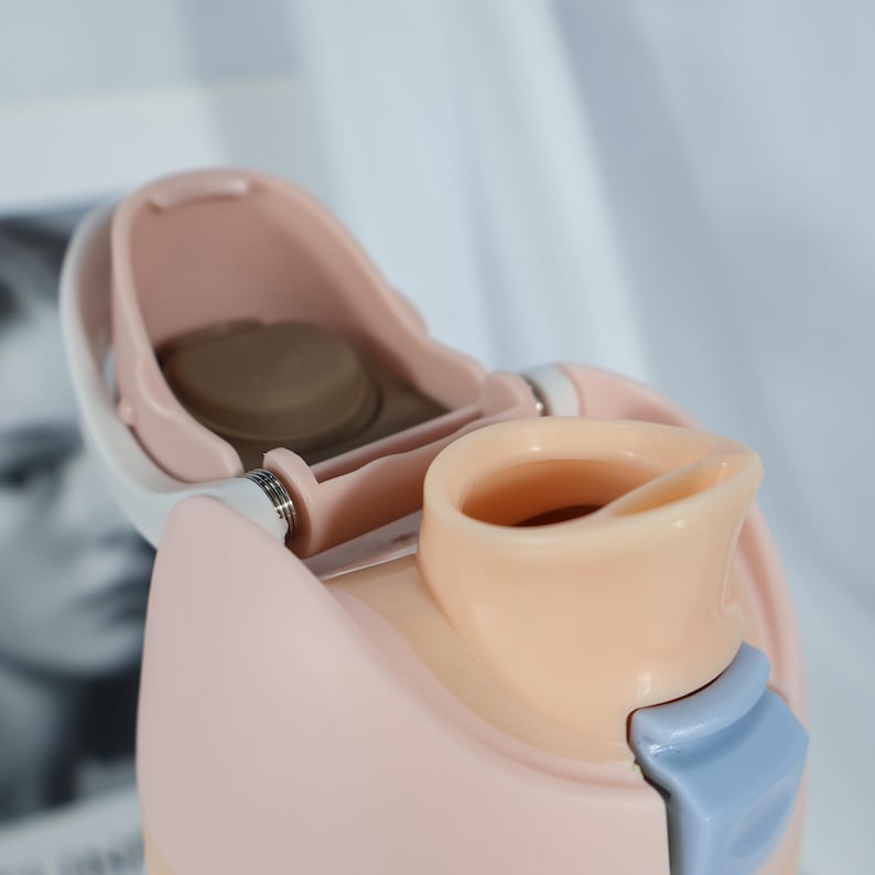 May include: Close-up of a pink and white water bottle with a light brown lid and a light peach-colored spout. The bottle has a blue accent and a hinged lid. The bottle is designed for easy drinking.