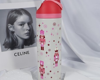 Botella de agua isotérmica Owala de 710 ml (24 oz), estampado navideño del Cascanueces rosa, vaso térmico navideño