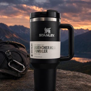 Może przedstawiać: Czarny kubek Stanley Quencher H2.0 z uchwytem, z logo Stanley i szczeg&oacute;łami produktu na białej etykiecie. Kubek ma pojemność 1,18 L i jest przeznaczony do całodziennego nawadniania. Czarny plecak ze srebrnym karabińczykiem znajduje się w tle.