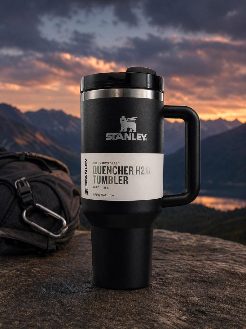 Może przedstawiać: Czarny kubek Stanley Quencher H2.0 z uchwytem, z logo Stanley i szczeg&oacute;łami produktu na białej etykiecie. Kubek ma pojemność 1,18 L i jest przeznaczony do całodziennego nawadniania. Czarny plecak ze srebrnym karabińczykiem znajduje się w tle.